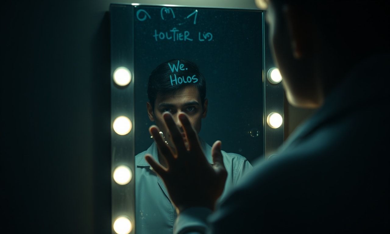 鏡を見る人物の不安げな表情