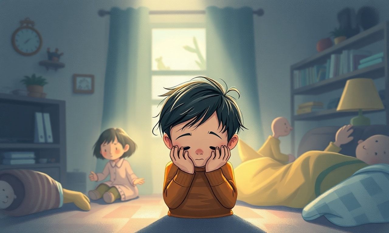 複雑な家庭環境で感情を隠す子供のイラスト