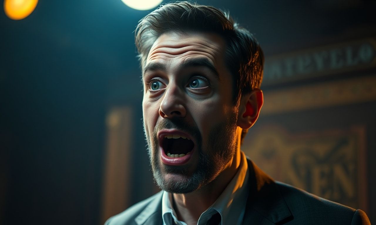 男性がドラマチックに話している様子