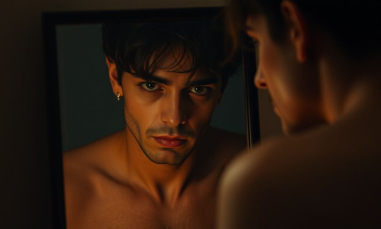 鏡を見つめる人