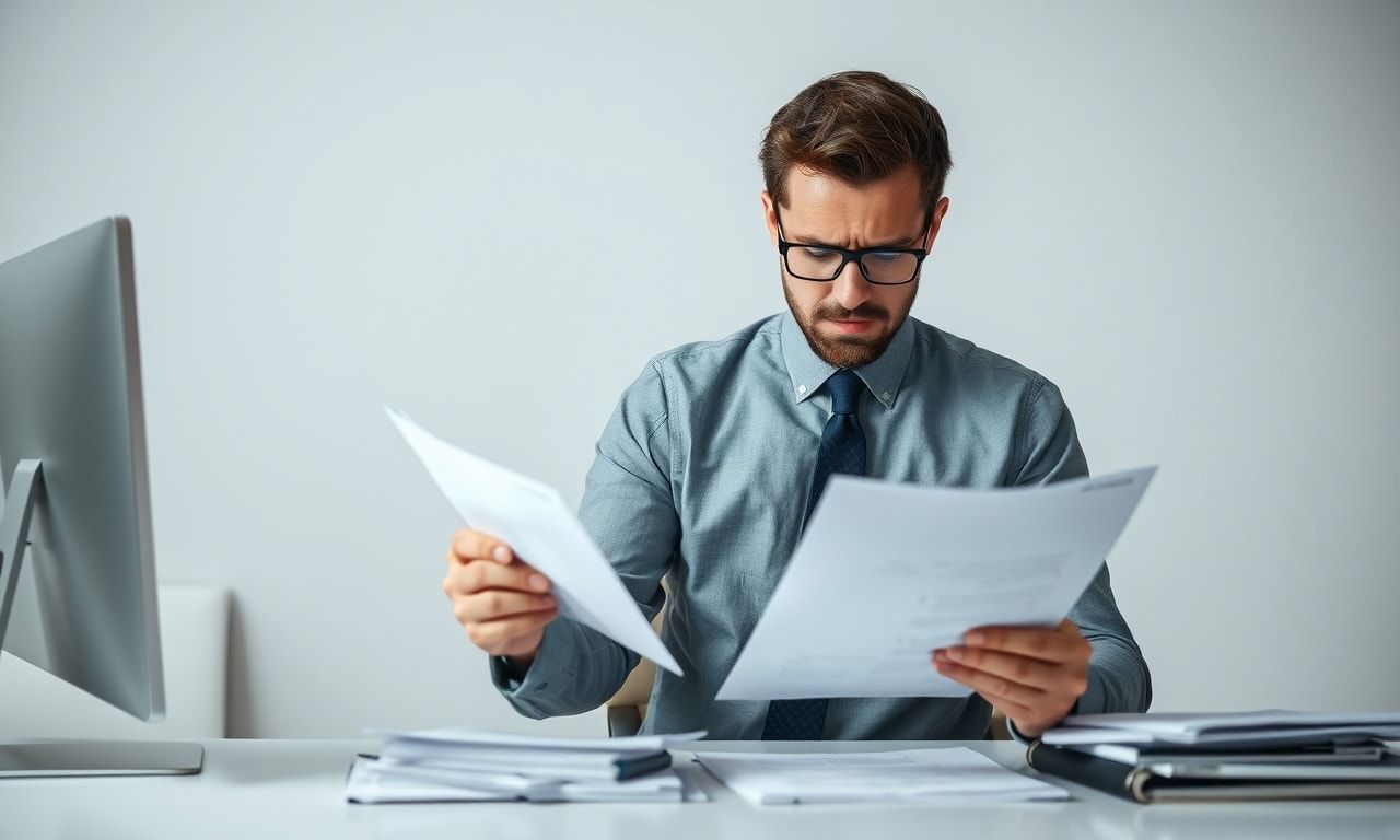 オフィスのデスクで書類に頭を抱える人のイメージ