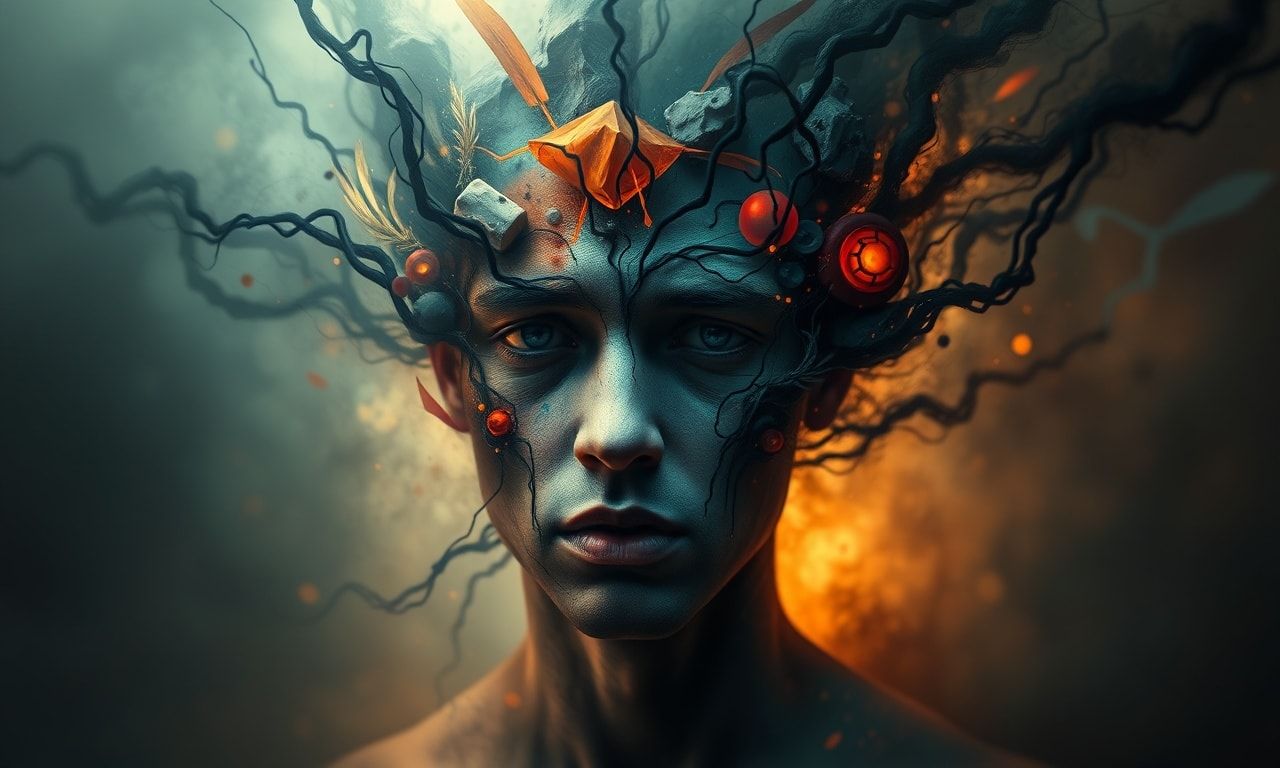 複雑な感情と内面の葛藤を表現した抽象画