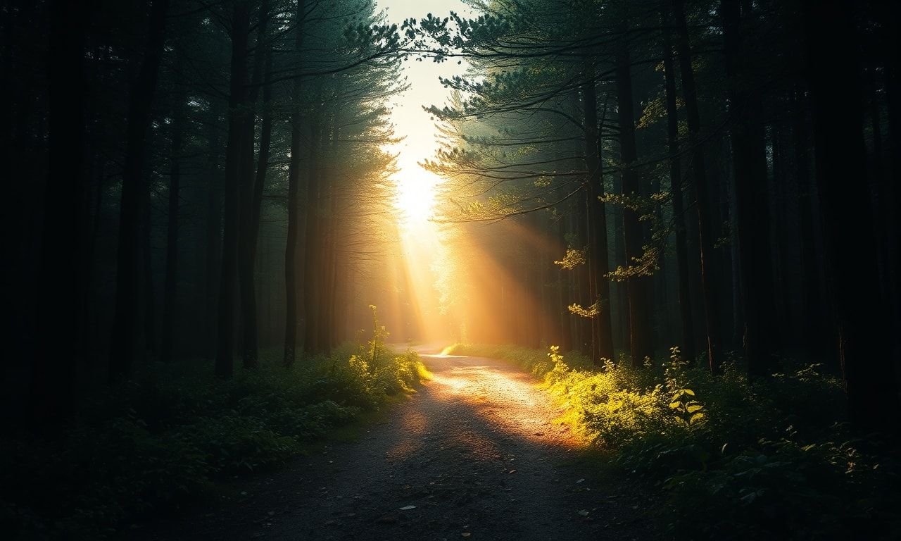 暗い森から明るい光の差す道へ向かうイメージ