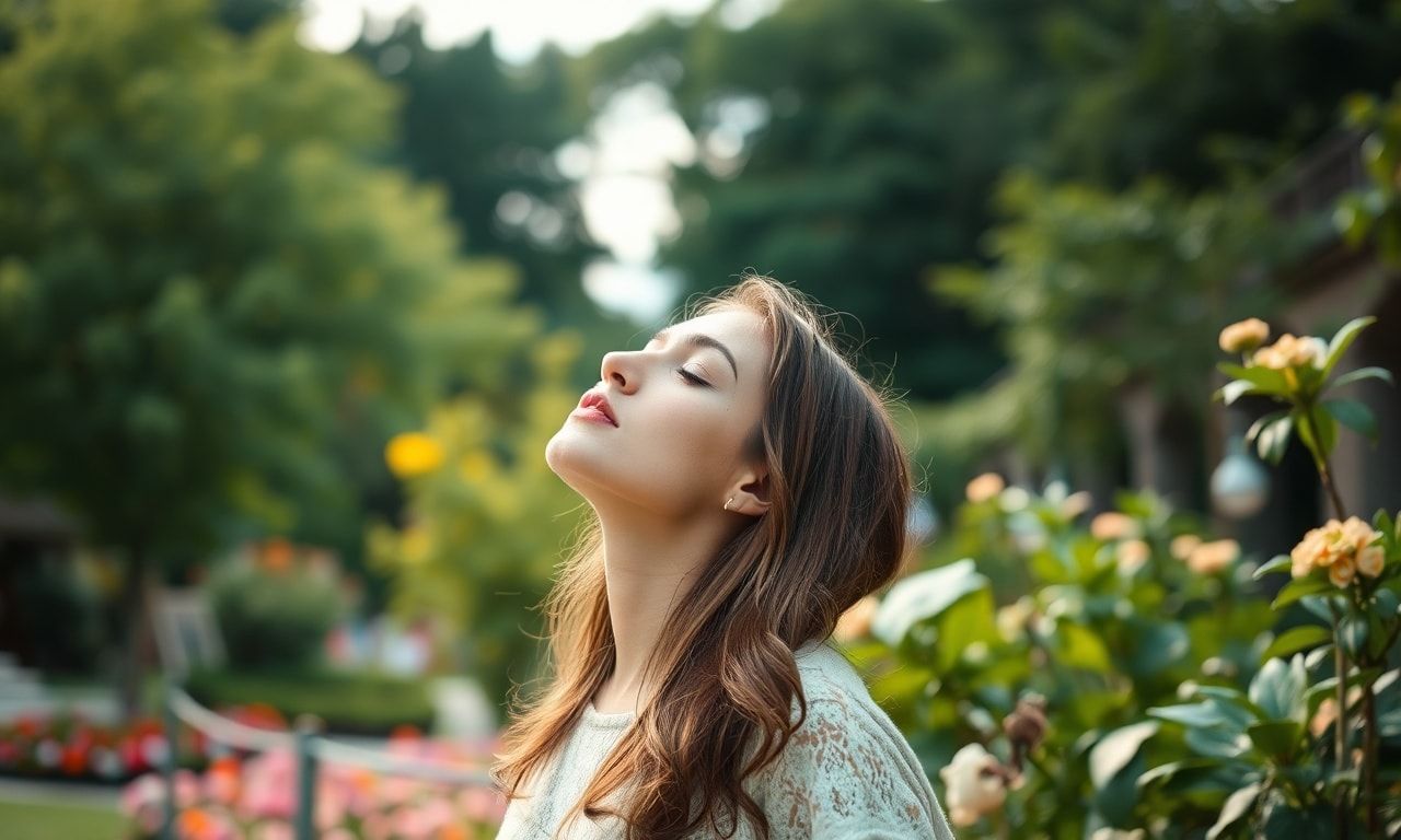 穏やかな庭で深呼吸する女性