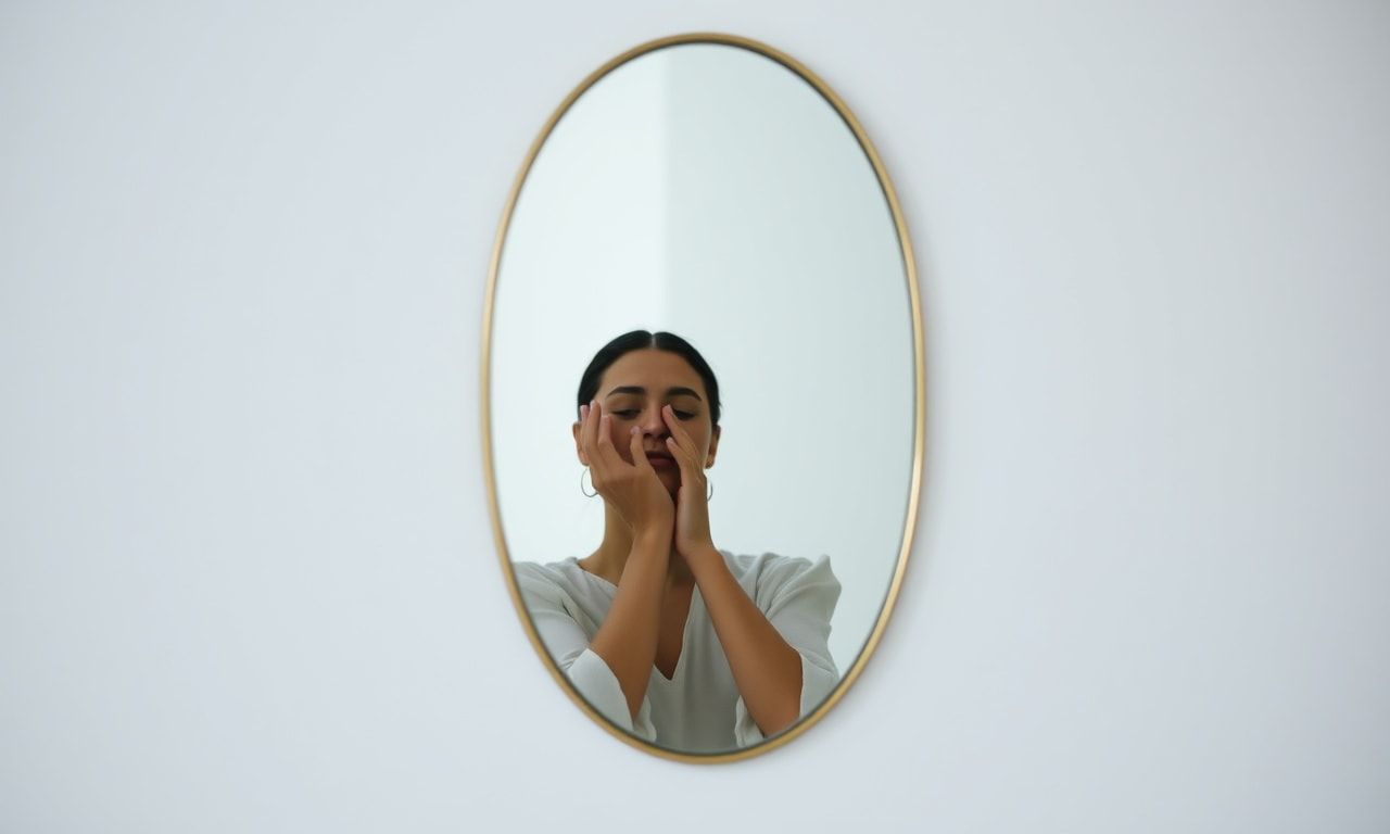 鏡越しに自分自身と向き合う人のイメージ