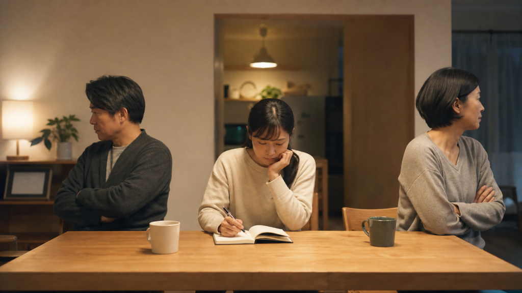 家族の虚言癖に悩み距離を置いて座る家族の様子