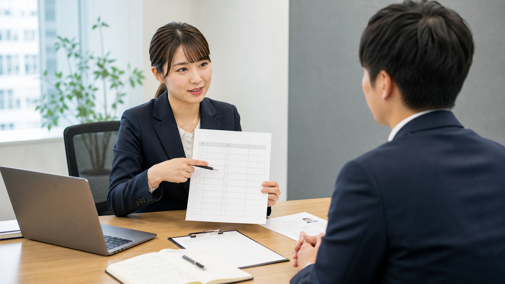 面接で具体的な質問例を使って職務経歴を確認する様子