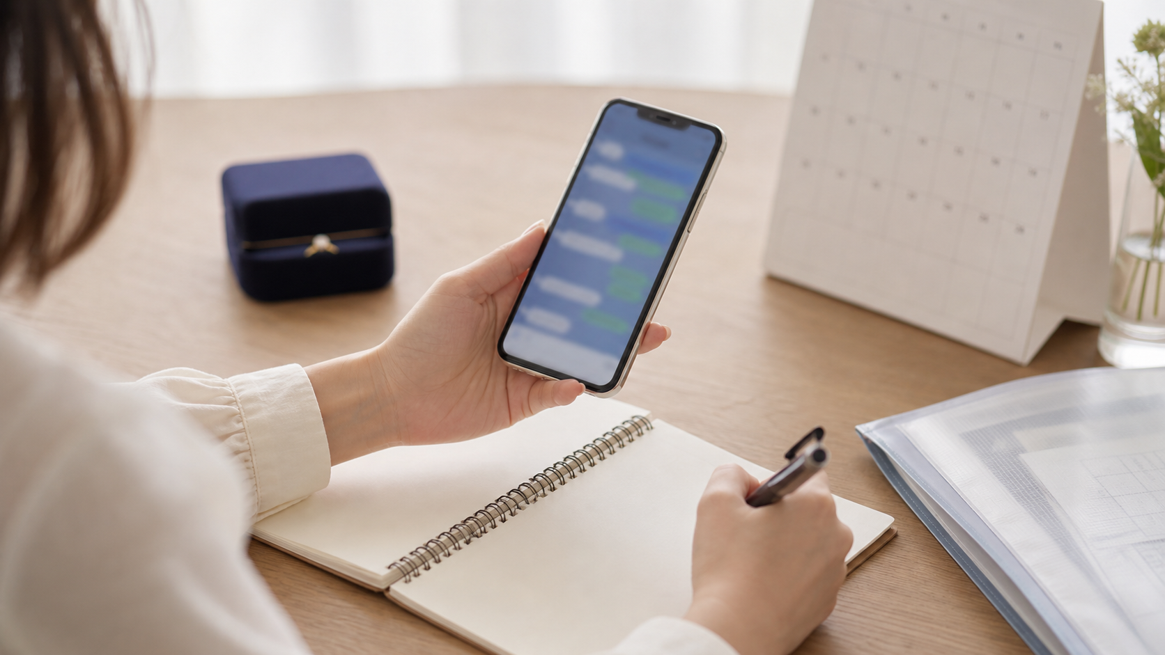 LINEのやり取りと入籍前チェックをノートに整理する場面