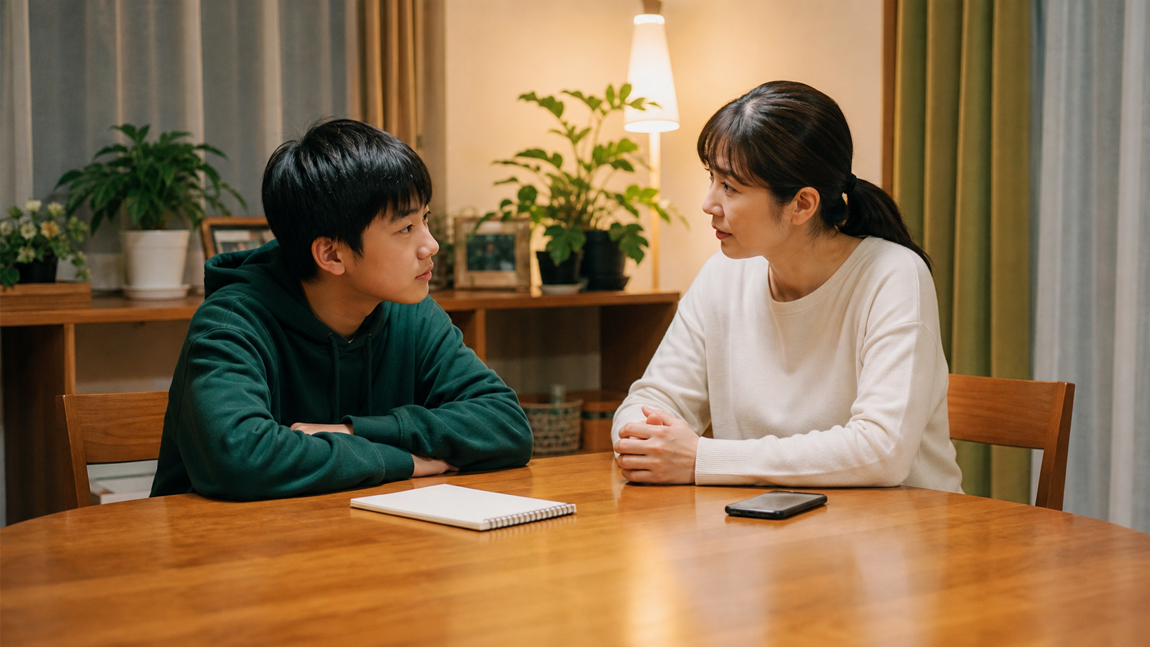 中学生の虚言癖について親子で落ち着いて話し合うイメージ