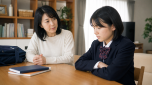 高校生の虚言癖に悩み親子で静かに話し合う様子