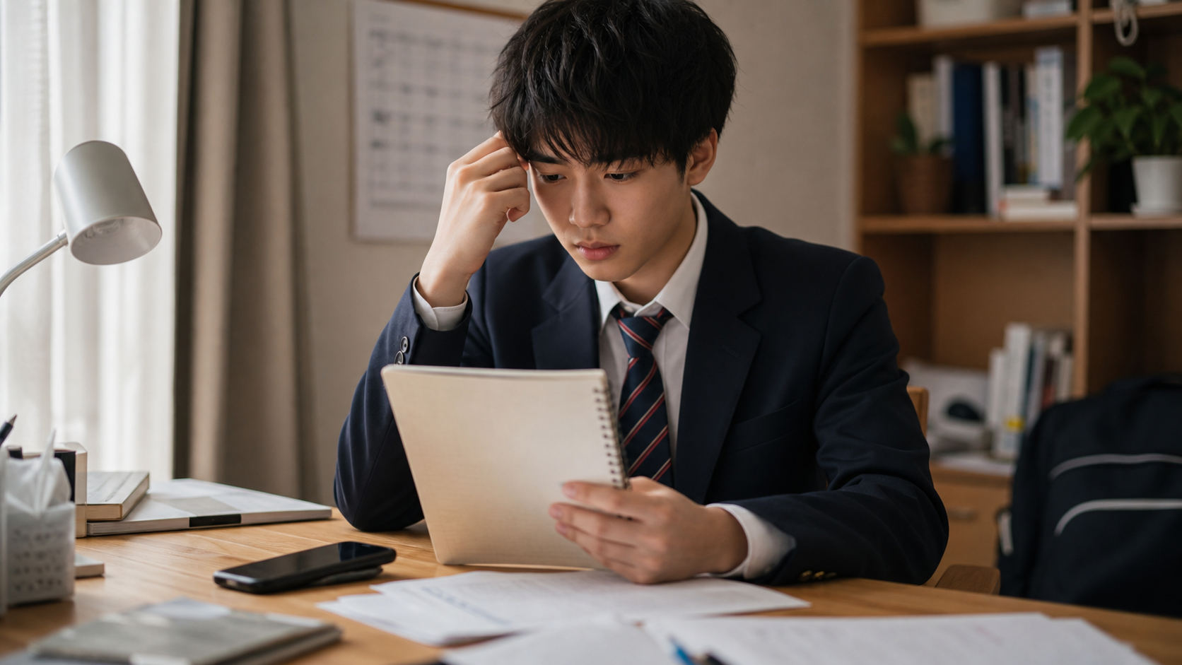 進路や勉強の不安を抱える高校生が机で考え込む様子