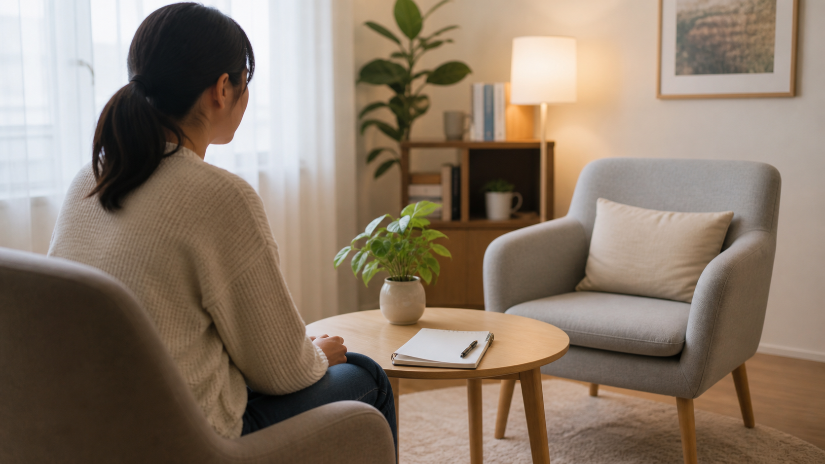虚言癖のカウンセリングを検討する人が落ち着いた相談室で話す準備をしている様子
