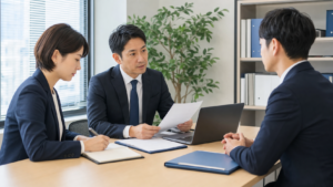 人事担当者が職場の記録を確認しながら面談する様子