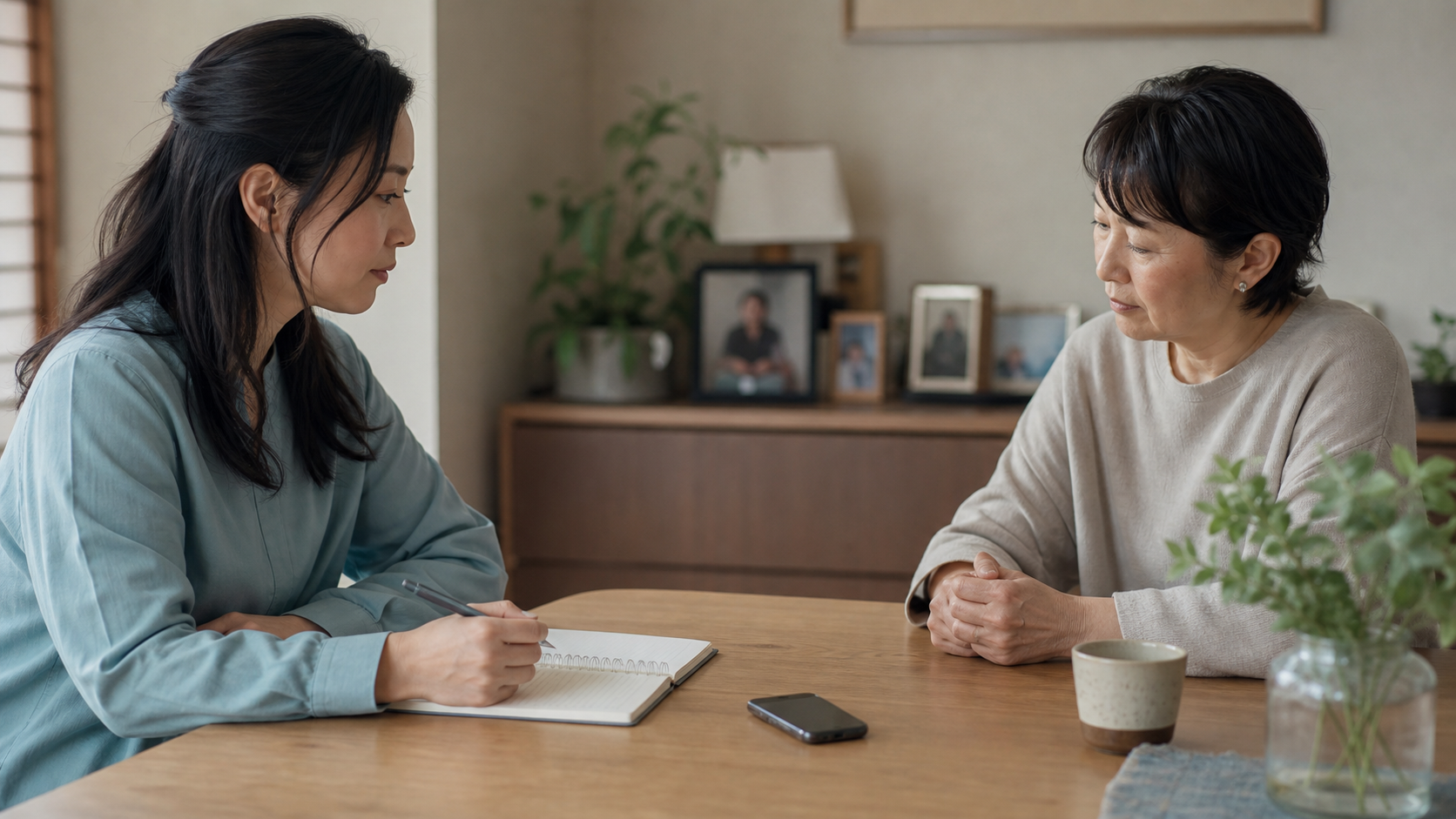 母親の話を事実と作り話に分けて確認する場面
