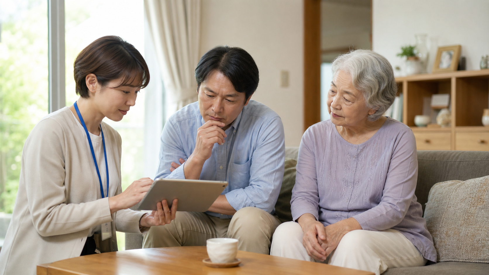認知症の作話や相談目安を家族と支援者で確認する場面