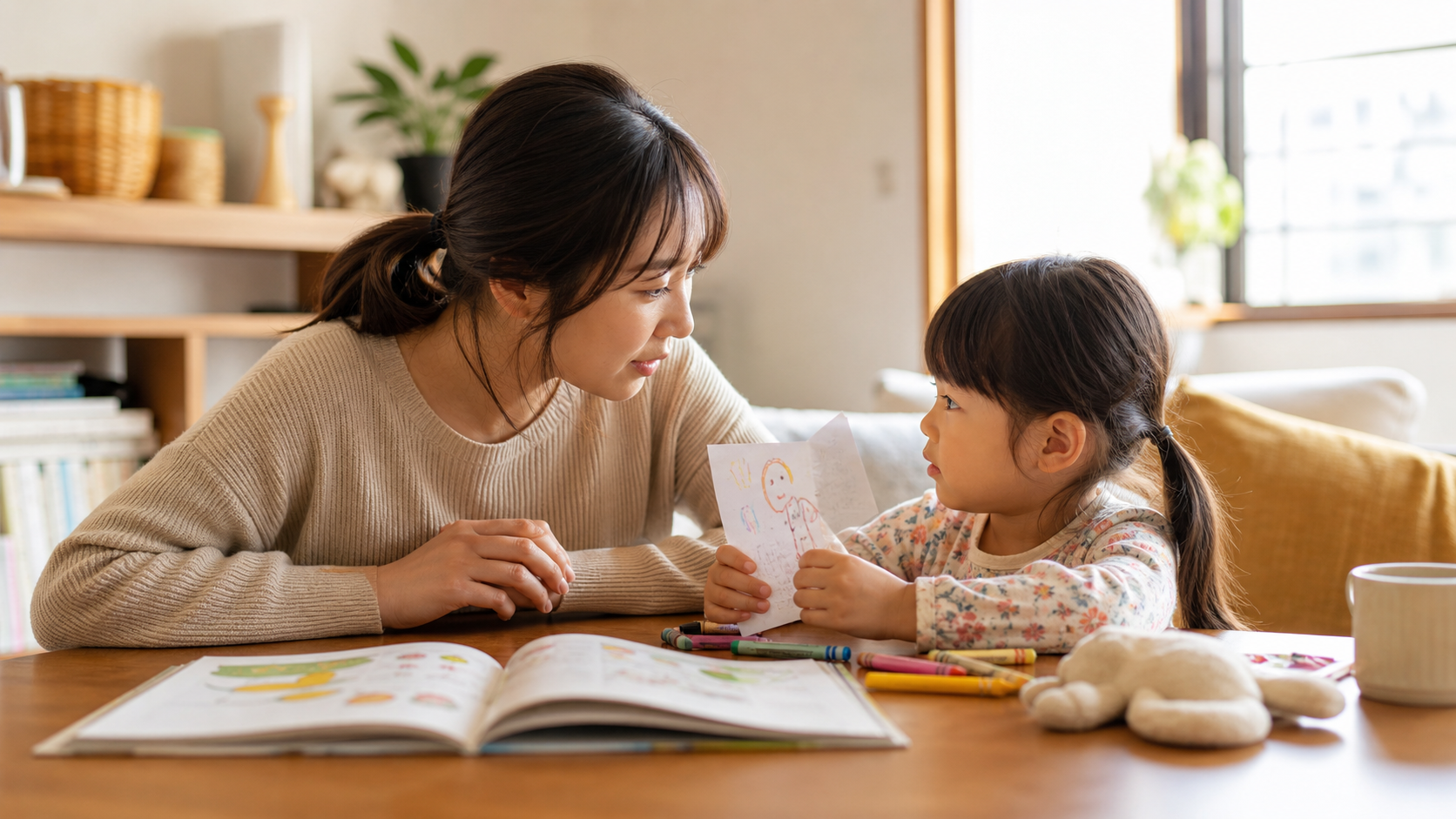 幼児の嘘に悩む親子が落ち着いて話す家庭の様子