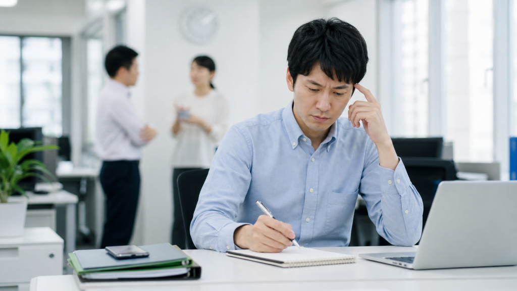 職場で嘘ばかりつく人への対応に悩み、事実を整理する会社員