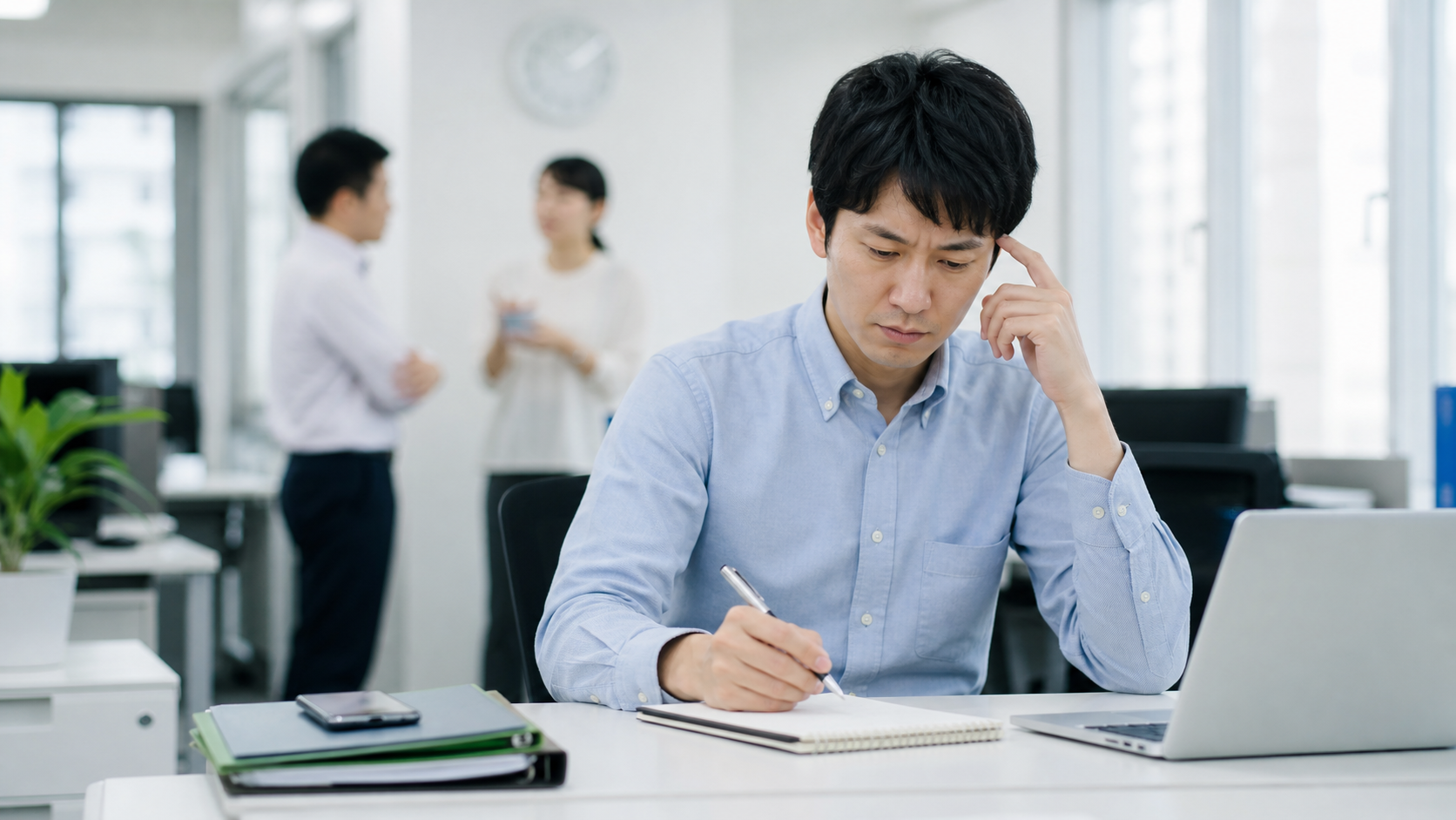 職場で嘘ばかりつく人への対応に悩み、事実を整理する会社員