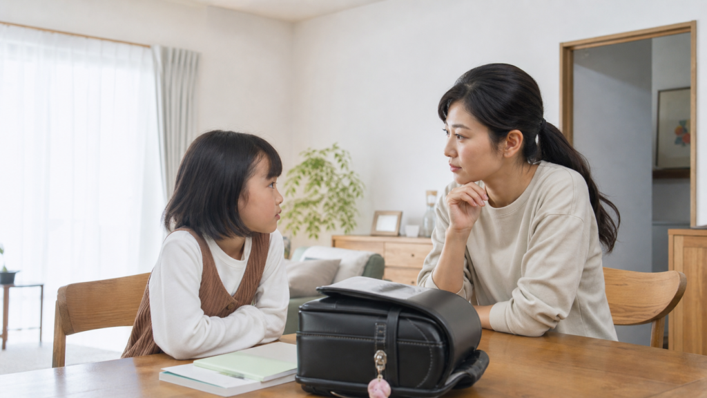 子どもの友達の嘘について親子で落ち着いて話す様子