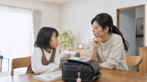 子どもの友達の嘘について親子で落ち着いて話す様子
