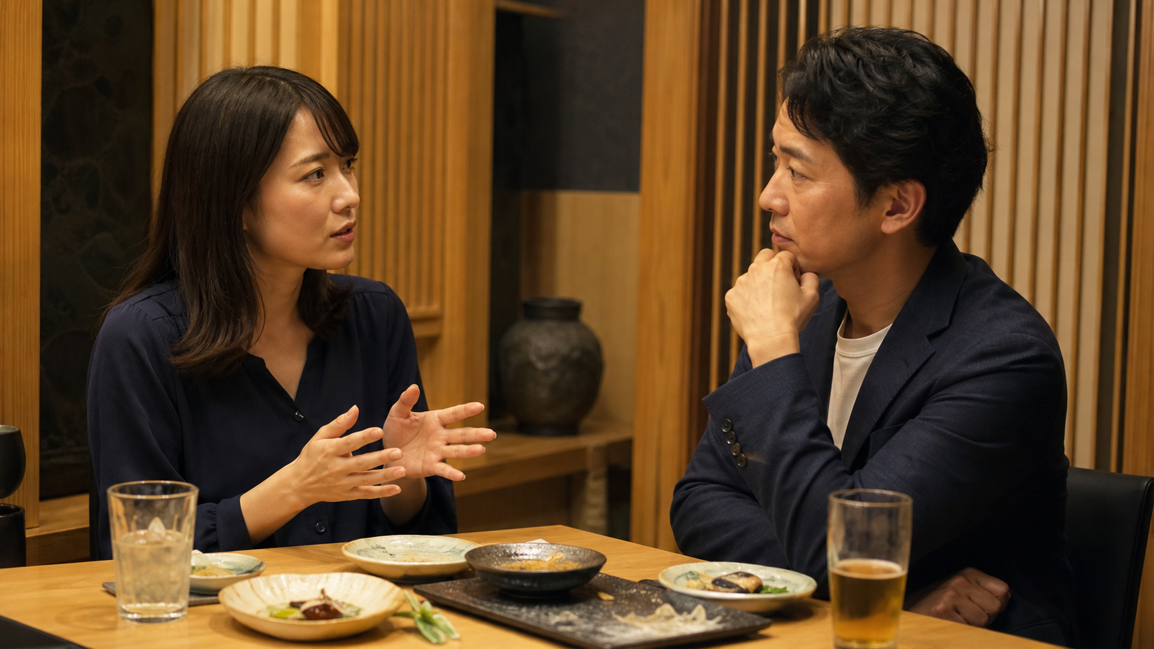 お酒の席で本音と嘘の違いを冷静に話し合う様子