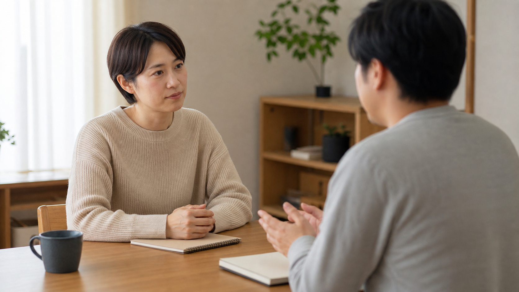嘘か虚言か迷う相手と落ち着いて話す場面