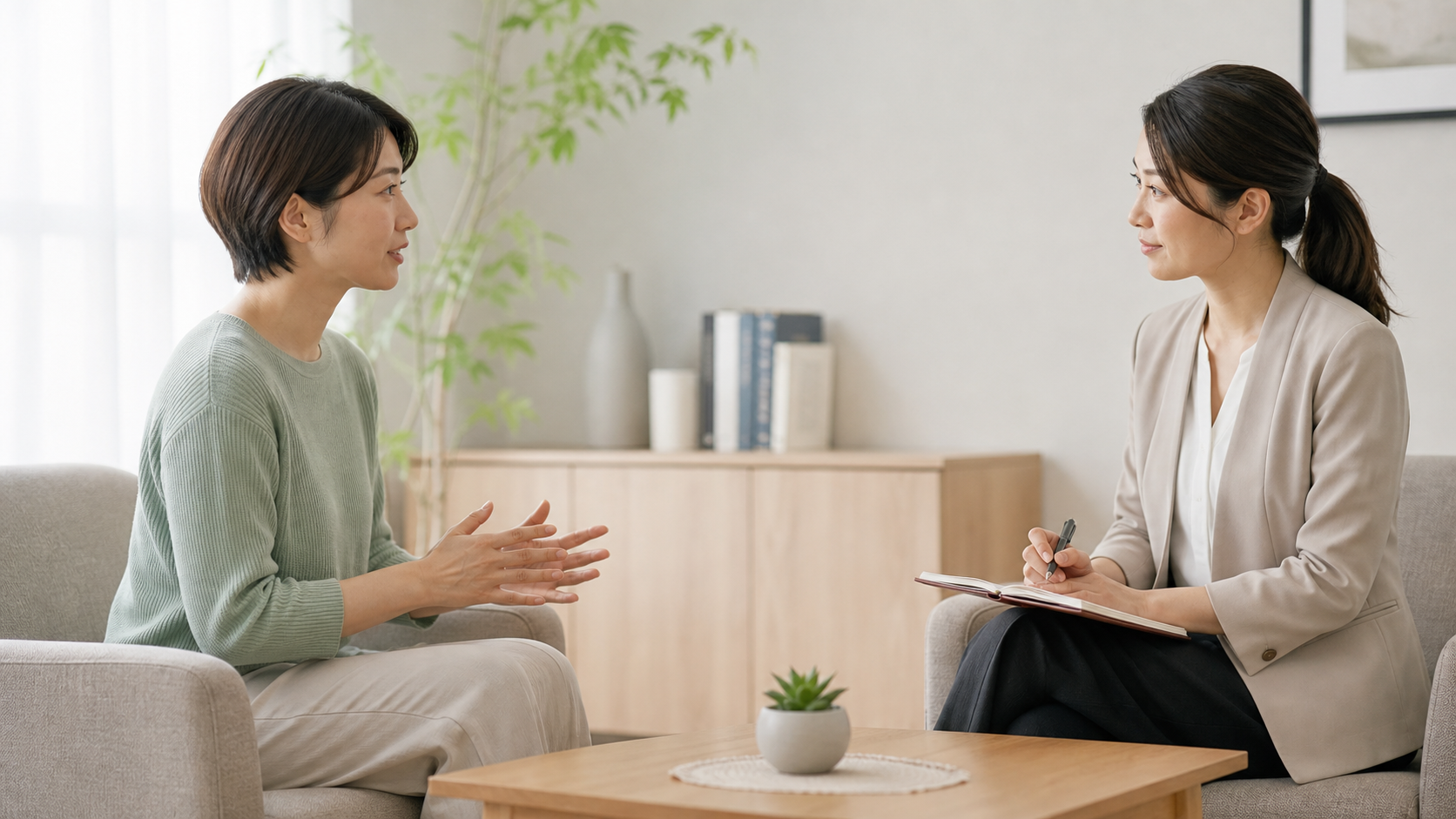 虚言癖の病院や相談先について話す相談場面