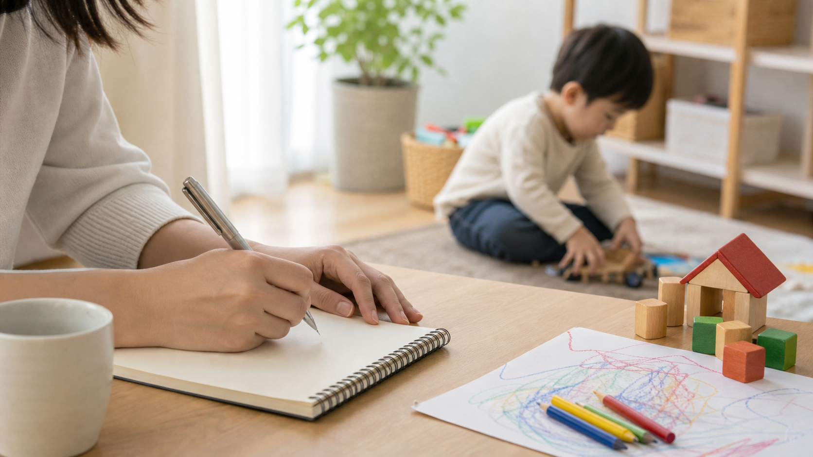 幼児の嘘の様子を家庭で記録する親の手元
