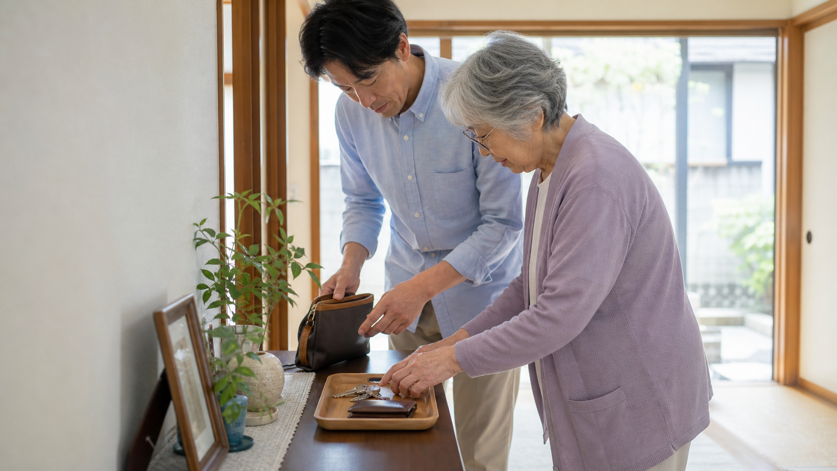 認知症で物をなくした時に家族が一緒に探す場面