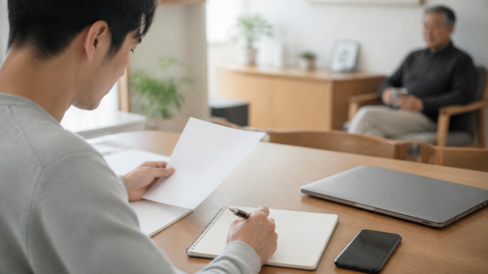 父親の話と確認できた事実をノートで整理する成人した子ども