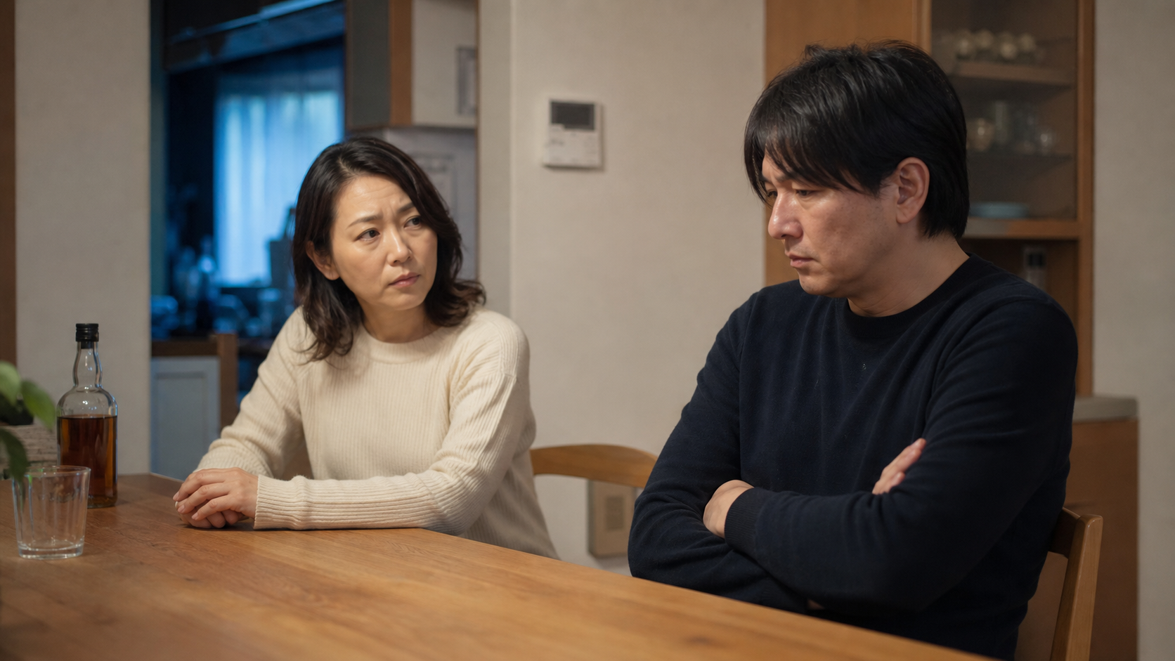 アルコール依存症の嘘に悩む家族が落ち着いて向き合う様子