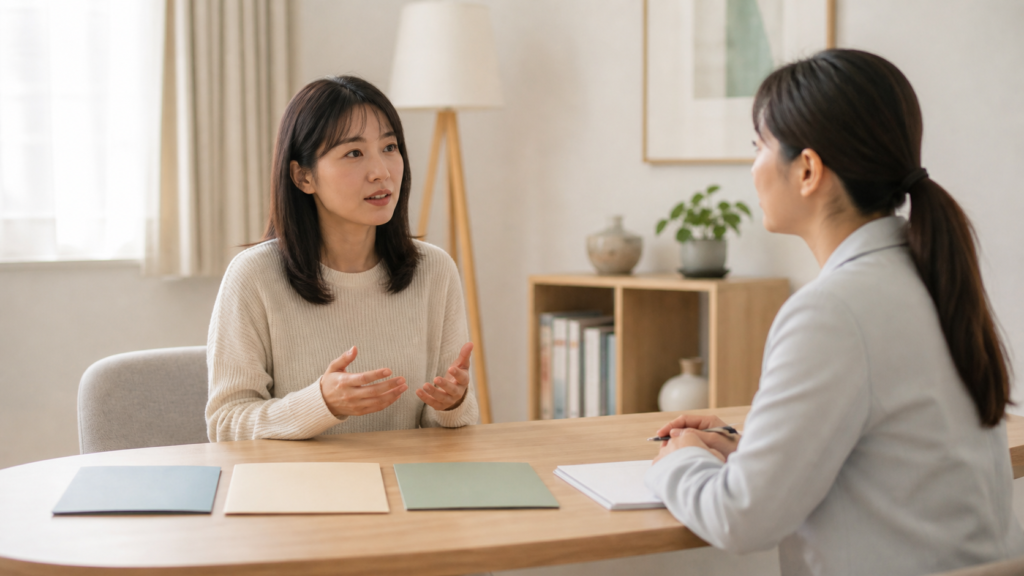 詐病・虚偽性障害・虚言癖の違いについて専門家へ相談する様子