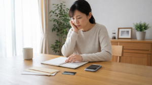 家計簿とカードを前にギャンブルによる金銭問題の相談を考える家族