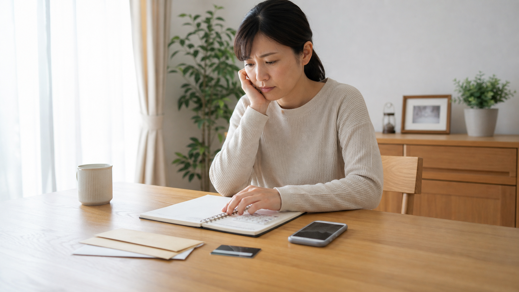 家計簿とカードを前にギャンブルによる金銭問題の相談を考える家族