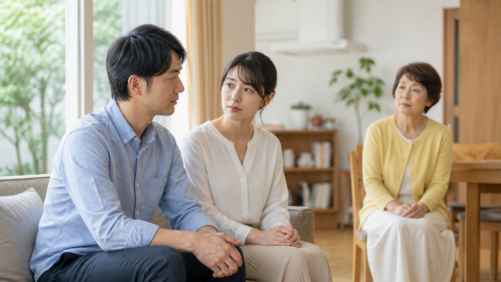 嘘をつく義母との距離を夫婦で考える様子
