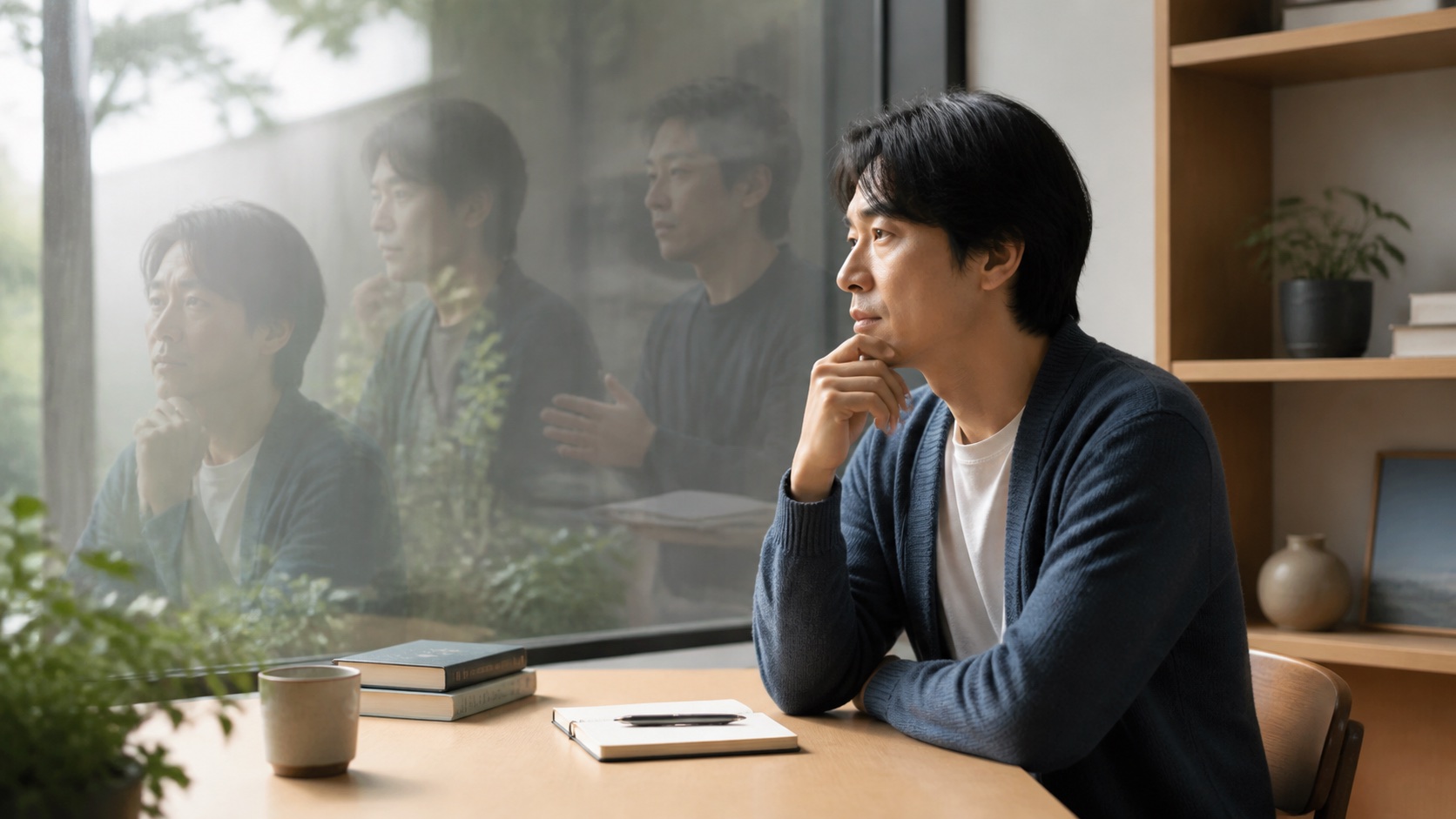 複数の映り込みを見ながら空想と現実の境界を考える人物