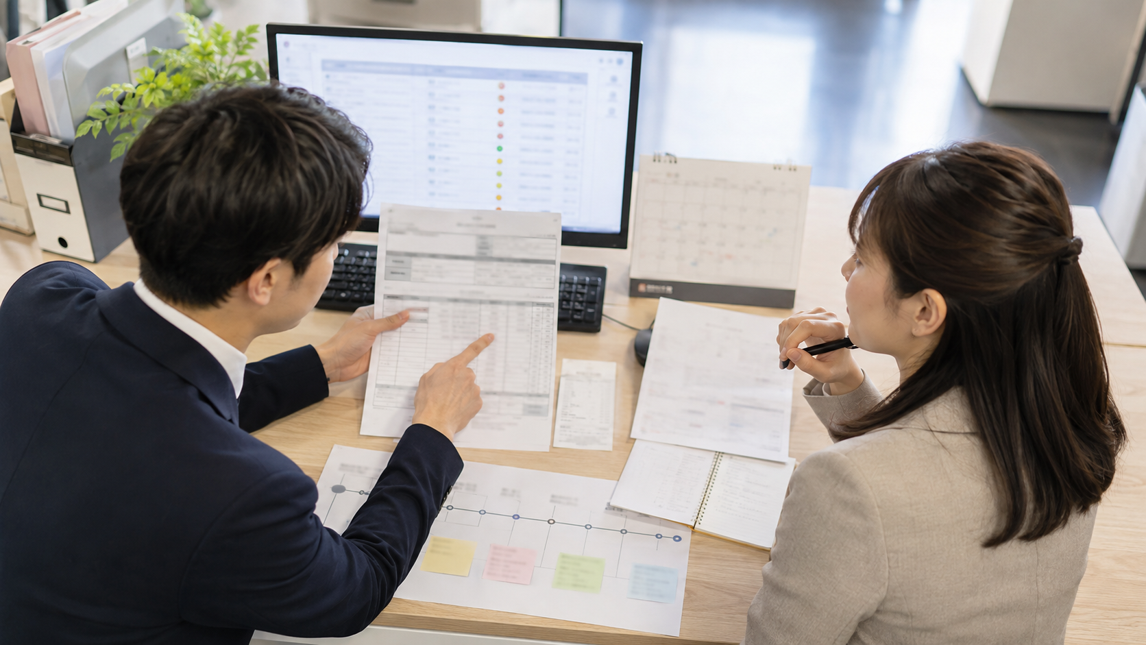 事実と異なるクレームについて記録と資料を照合する担当者
