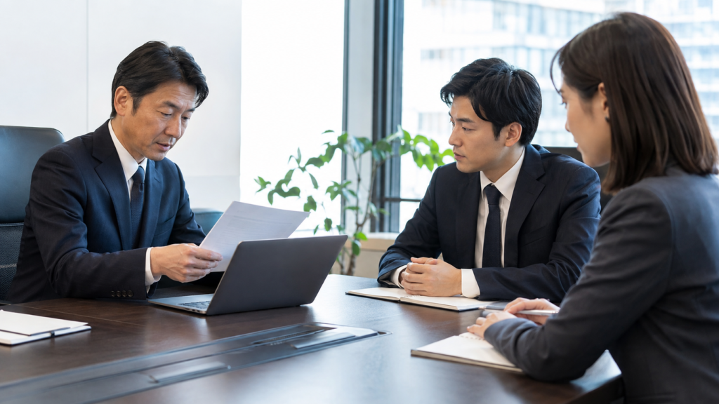 取引先の説明と契約内容を冷静に確認するビジネス担当者