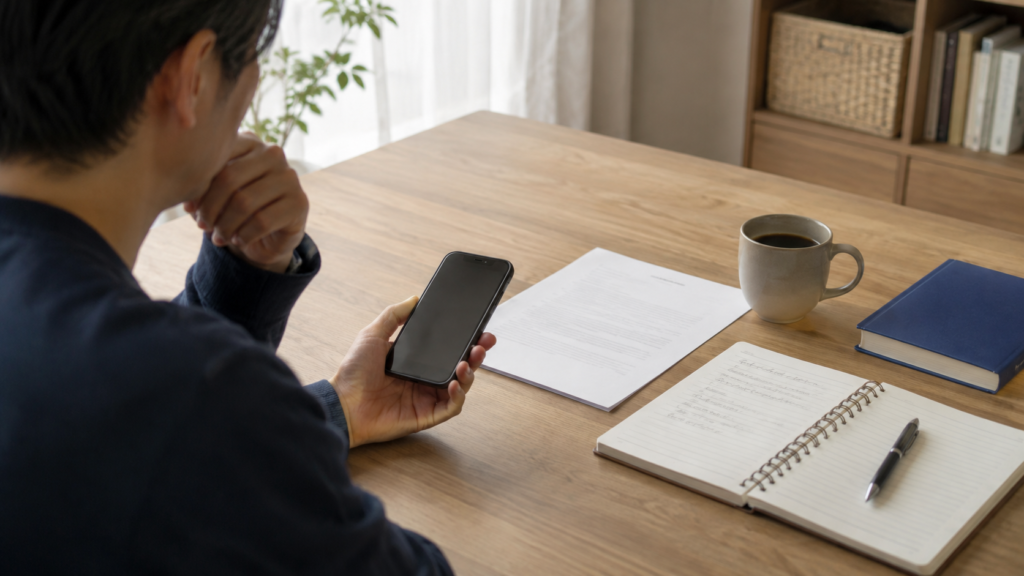 虚言癖と詐欺師の違いを確認するため契約書とスマートフォンを照合する人