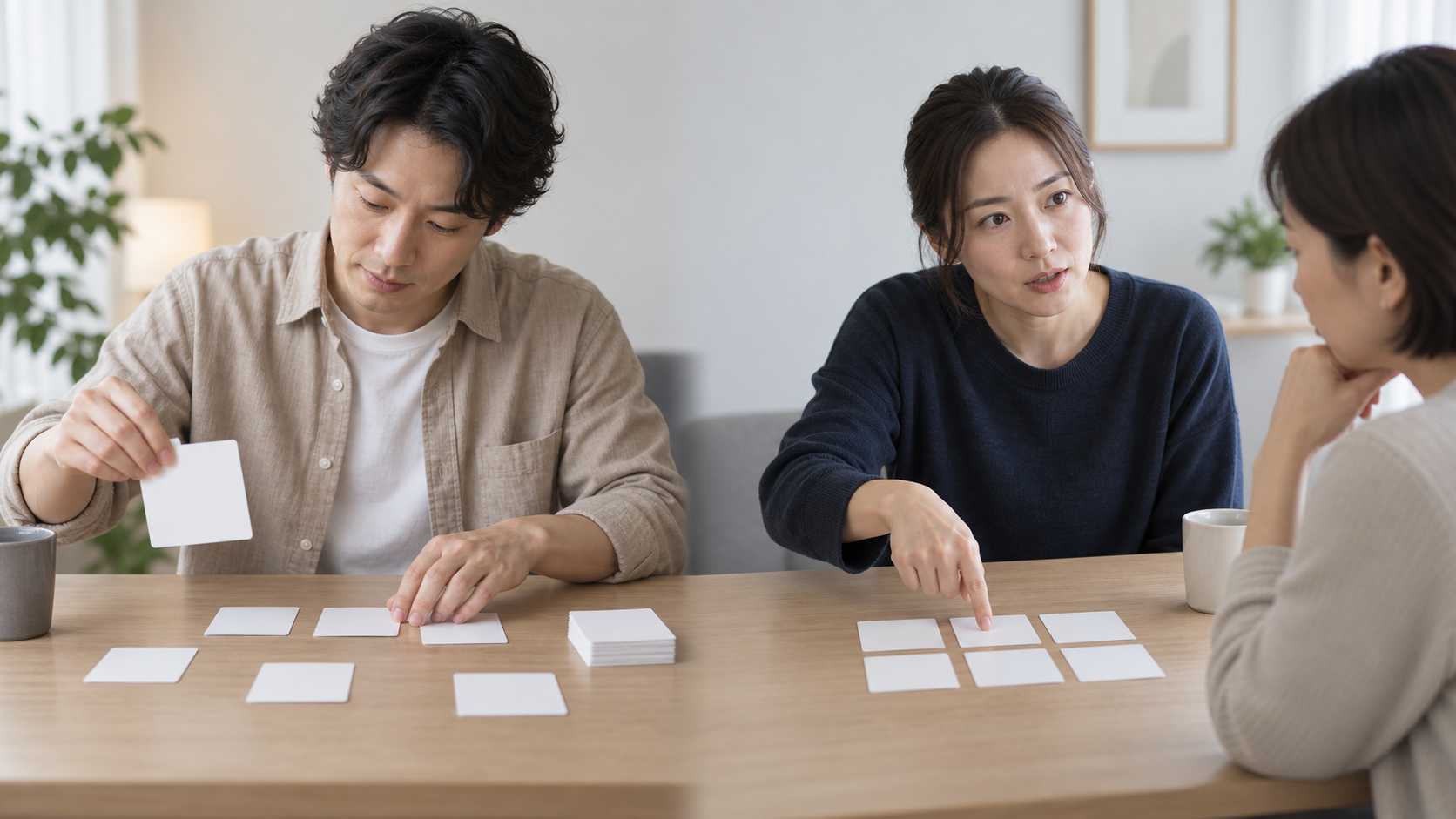 虚言癖と妄想癖の違いをカードで比較する三人
