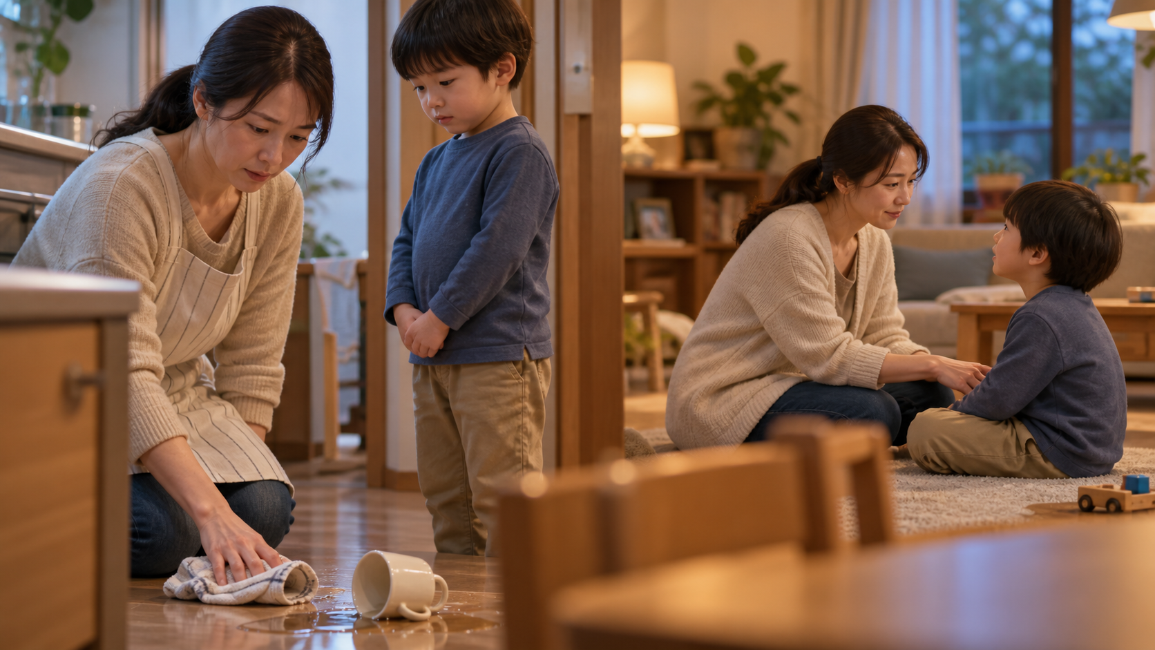 親の反応を見て学ぶ子どもと正直に話せる親子の場面