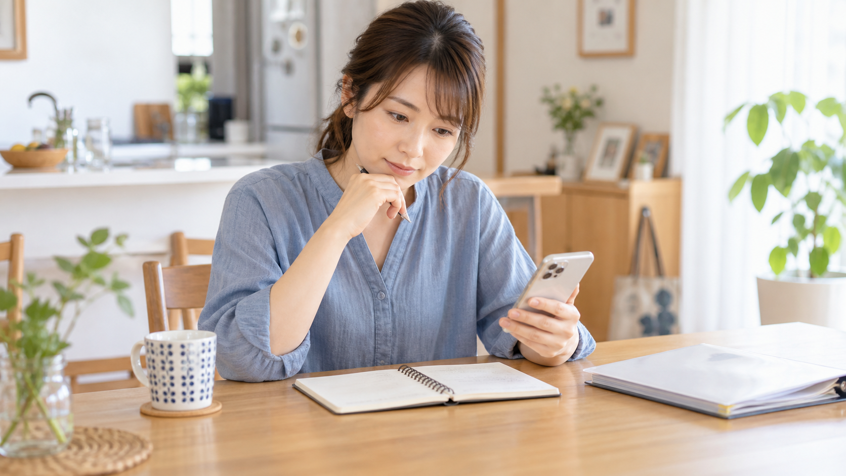ママ友の話の食い違いをスマートフォンとメモで落ち着いて確認する母親