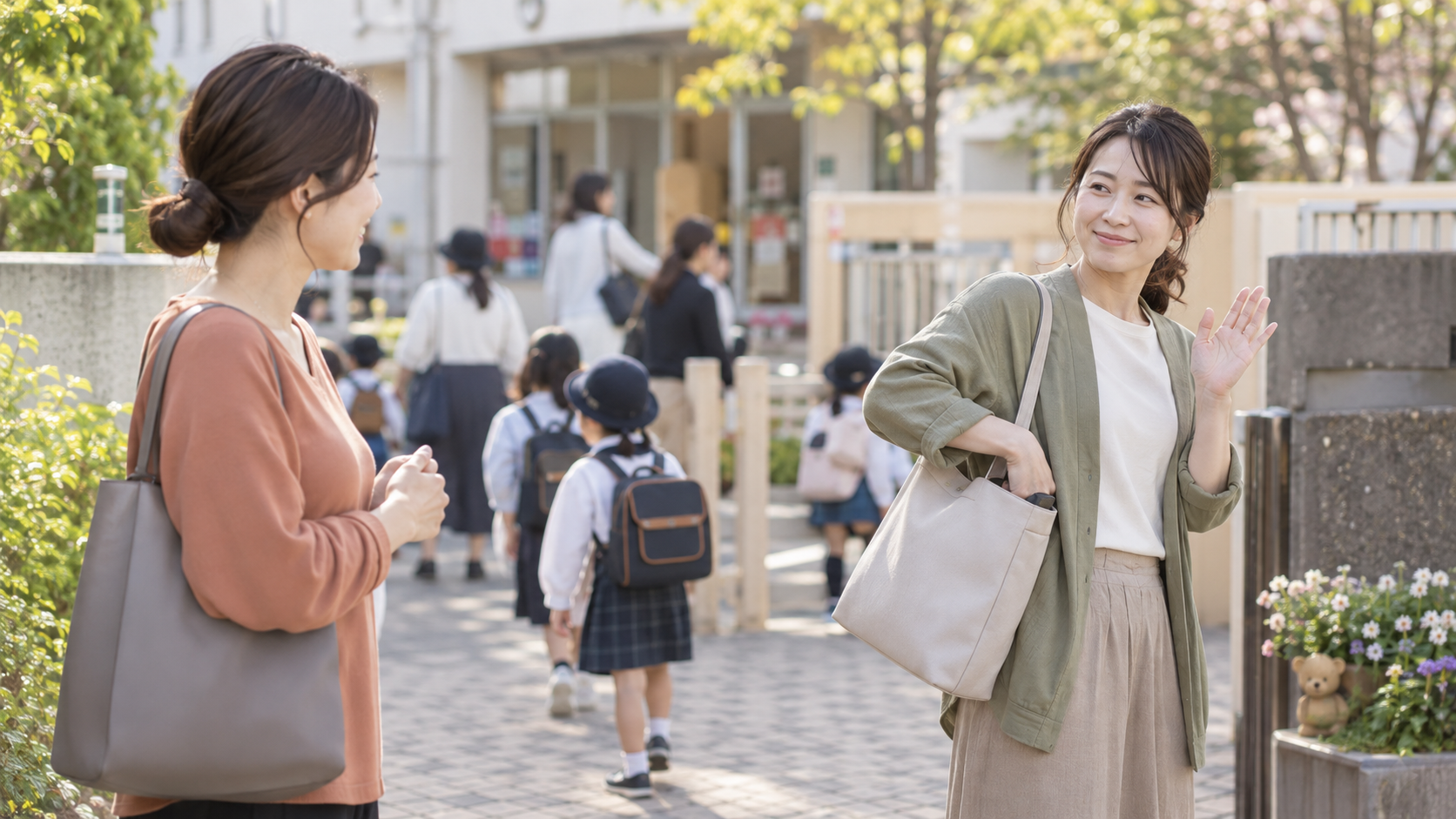 学校の送迎時に挨拶だけを交わしママ友と穏やかな距離を保つ母親