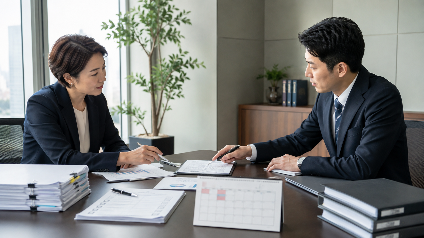 契約書と証拠を基に取引先と交渉する担当者