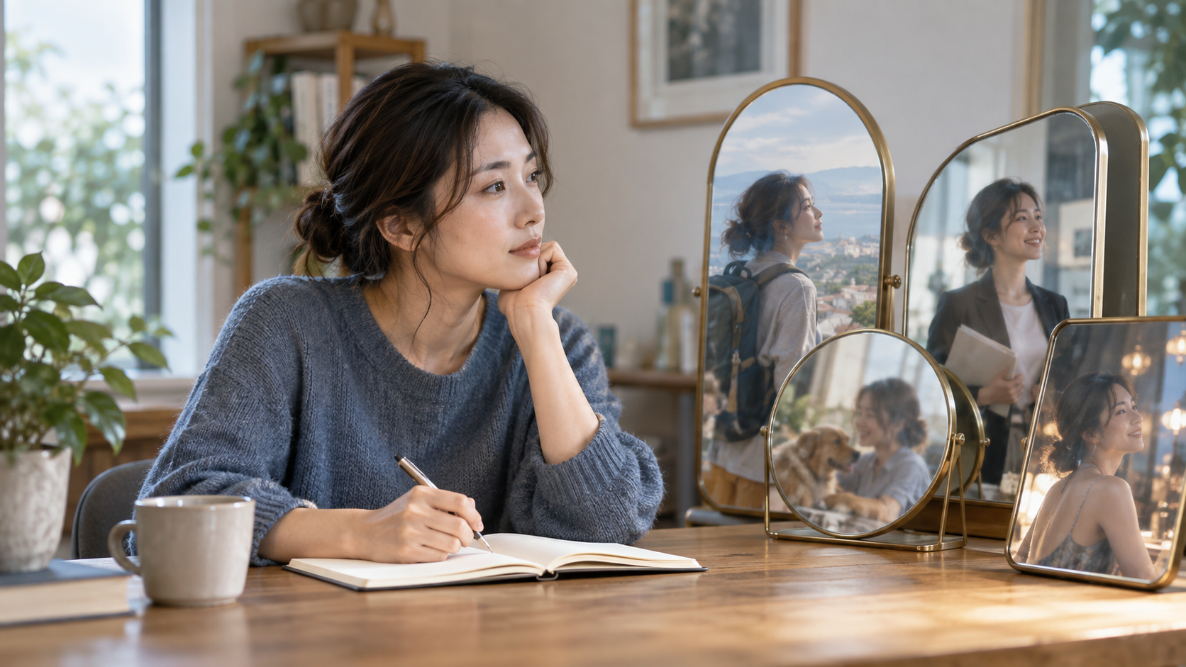 複数の鏡に映る異なる物語と現実をノートに整理する人物