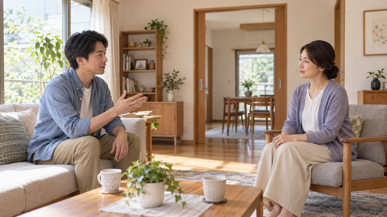 統合失調症の人と距離を保ちながら短く穏やかに話す家族
