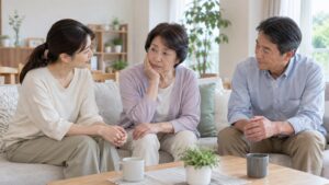 統合失調症で嘘に見える発言に悩む家族が穏やかに話し合う様子