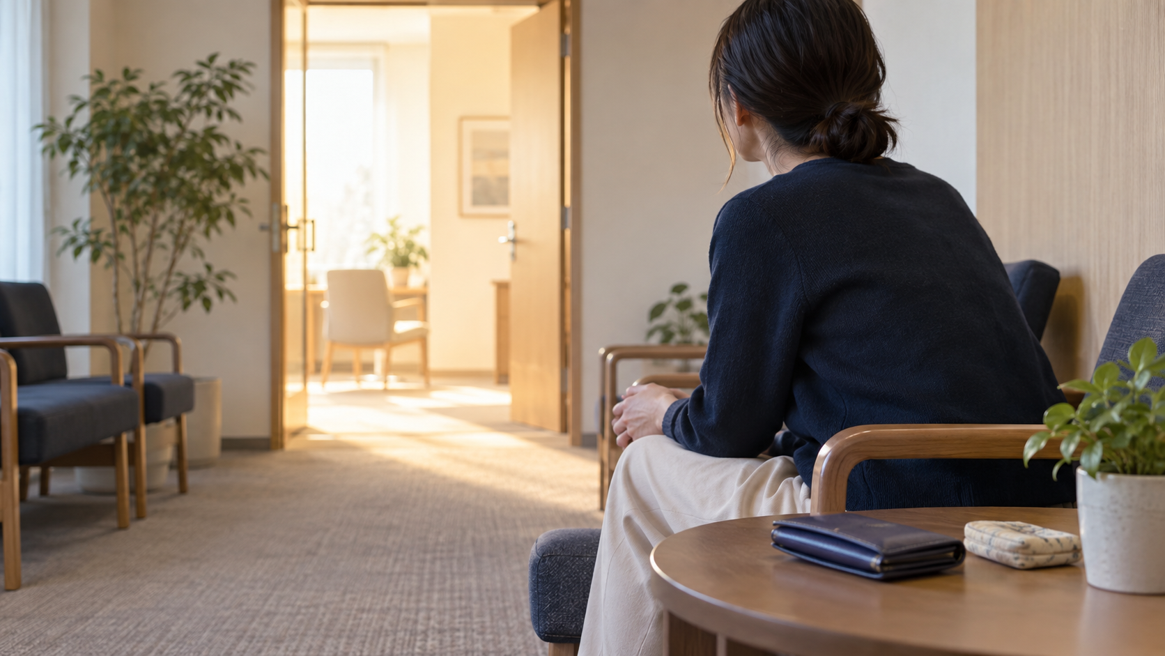 窃盗癖と虚言癖の悩みを相談するため待合室で考える人