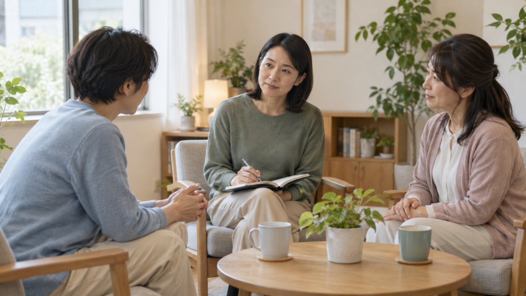 窃盗癖と虚言癖の相談で本人と家族が支援者に話す様子