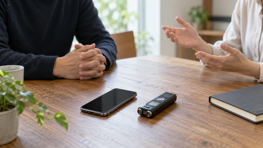 会話の記録に使うスマートフォンと録音機を置いたテーブル
